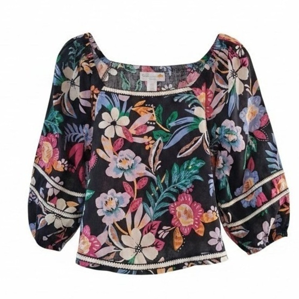 C&C California 100%Linen Euro Summer Womens size Large Floral Ballon Sleeve Top - Picture 2 of 12